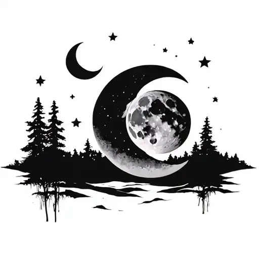 WAXING GIBBOUS,  WANING CRESCENT and two waxing crescent moons in the sky tattoo design idea