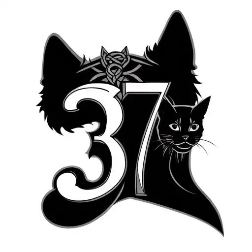 celtic style of number 37, number 3 includind a dog head and number 7 including a black cat tattoo design idea