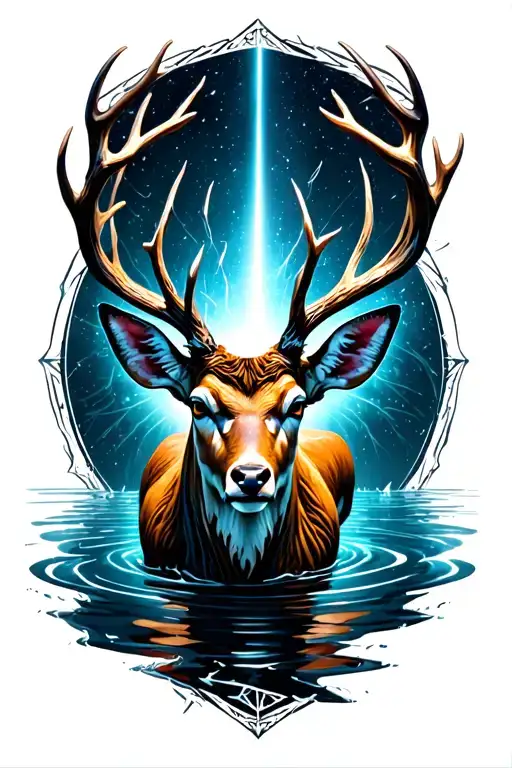Realistic humanoid deer in dark water, cosmic cracks on body, head down, light beam, sacred geometry. tattoo design idea