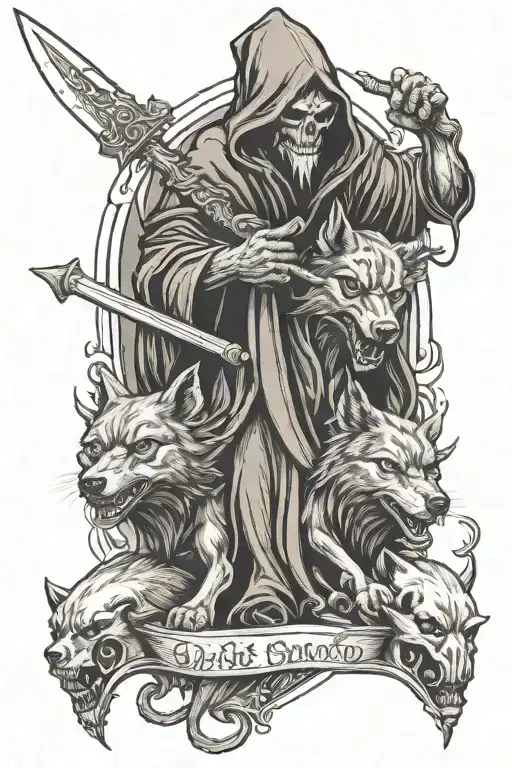 Reaper holing 3 wolf's tattoo design idea