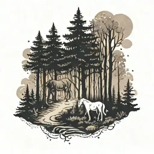A serene forest scene with a horse and a dog walking through the trees, surrounded by candles illuminating the path tattoo design idea