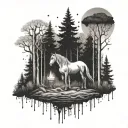 A serene forest scene with a horse and a dog walking through the trees, surrounded by candles illuminating the path tattoo design idea