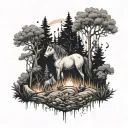 A serene forest scene with a horse and a dog walking through the trees, surrounded by candles illuminating the path tattoo design idea