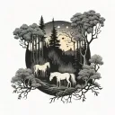 A serene forest scene with a horse and a dog walking through the trees, surrounded by candles illuminating the path tattoo design idea