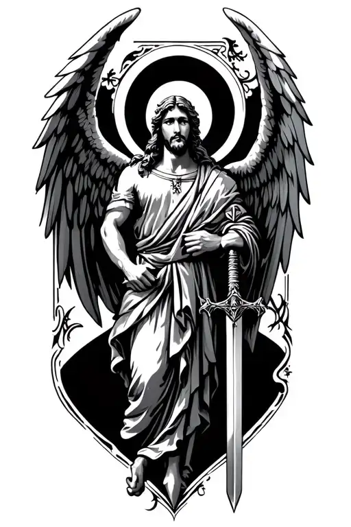 "732" st. michael with wings and sword tattoo design idea