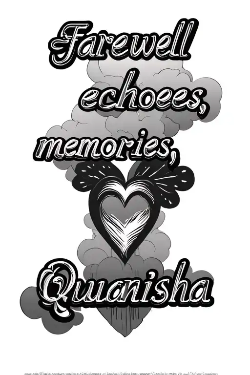 "Farewell echoes,memories linge" the name Quanisha in clouds with jesus christ heart tattoo design idea