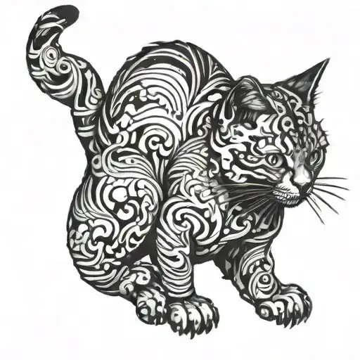 suminagashi cat playing tattoo design idea