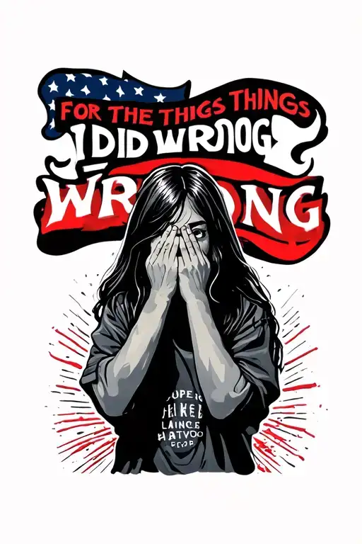 Bold text "for the things I did wrong" with the image of a homeless girl covering her mouth with her hands tattoo design idea