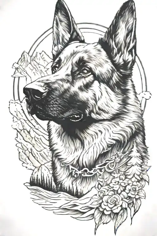 A detailed black and grey portrait of a german shepherd wearing a diabetes , with a mountain landscape in the background tattoo design idea