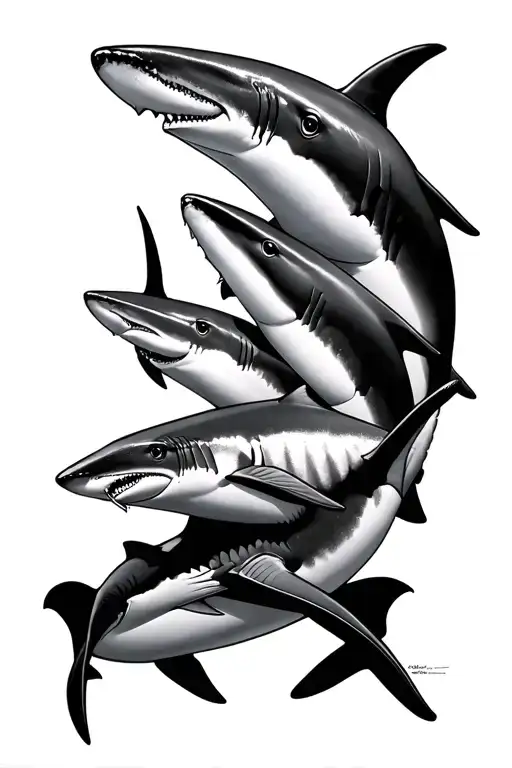 fine line sharks swimming together tattoo design idea