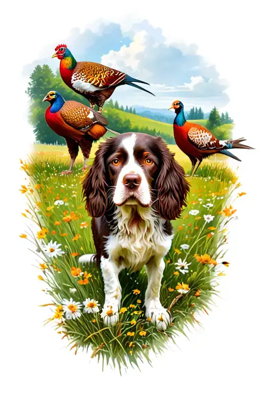 Outdoor country landscape with springer spaniel dog and pheasants  tattoo design idea