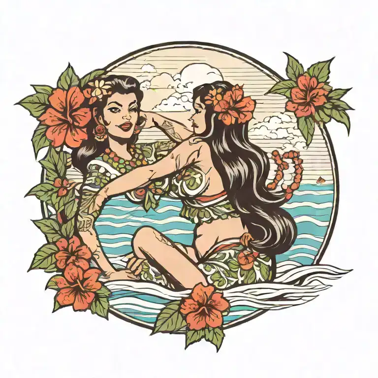 hula girl pin up with tattoos on a beach tattoo design idea