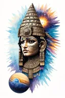 Aztec structure with galaxies and planets tattoo design idea