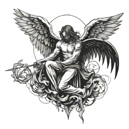 A tattoo design combining the concepts of sin and saint, with a depiction of a fallen angel seeking redemption tattoo design idea