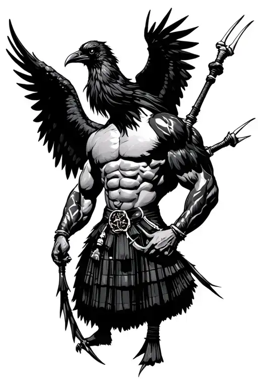 muscular bagpiper bald black beard black huge wings on his back flying crow with claws tattoo design idea