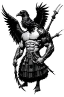 muscular bagpiper bald black beard black huge wings on his back flying crow with claws tattoo design idea
