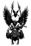 muscular bagpiper bald black beard black huge wings on his back flying crow with claws tattoo design idea
