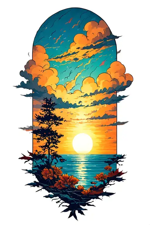 stormy sky transitioning to a rising sun shining tattoo design idea