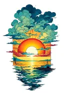 stormy sky transitioning to a rising sun shining tattoo design idea