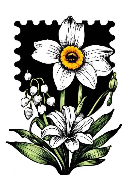 3 postage stamps one has a daffodil, one has a daisy and the last one has a lily of the Valley flower tattoo design idea