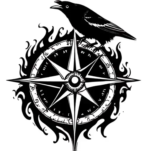 Coverup crow and compass fiery tattoo design idea
