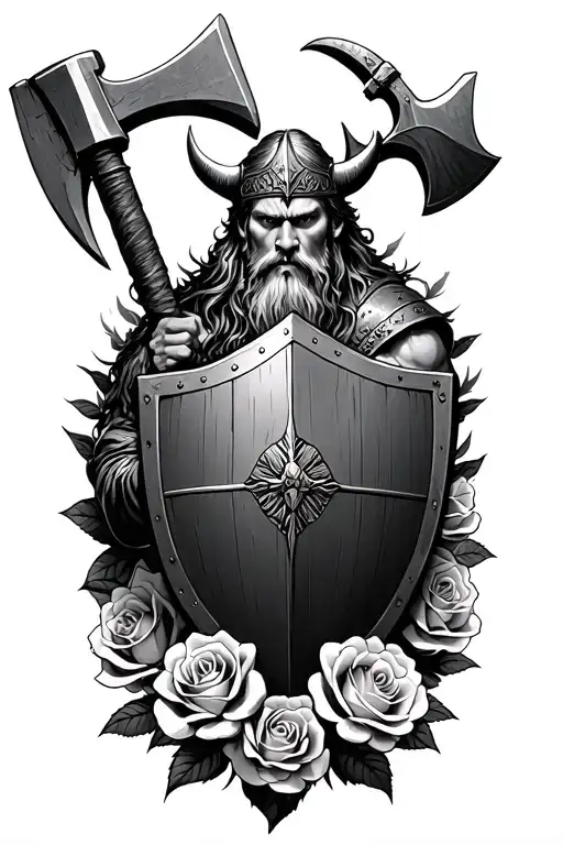  viking warrior sideways on with , axe and shield surrounded by roses tattoo design idea