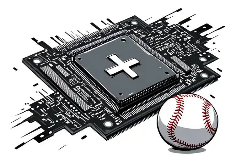 a cpu chip with motherboard traces coming out of. with a baseball in the bottom right and cross in the top left of chip tattoo design idea