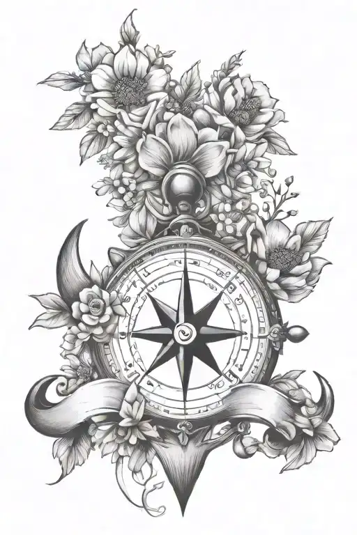 anchor wildflowers compass tattoo design idea