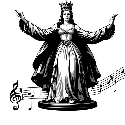 A queen with a crown standing on a musical base with arms outstretched and head held high, as if singing. tattoo design idea