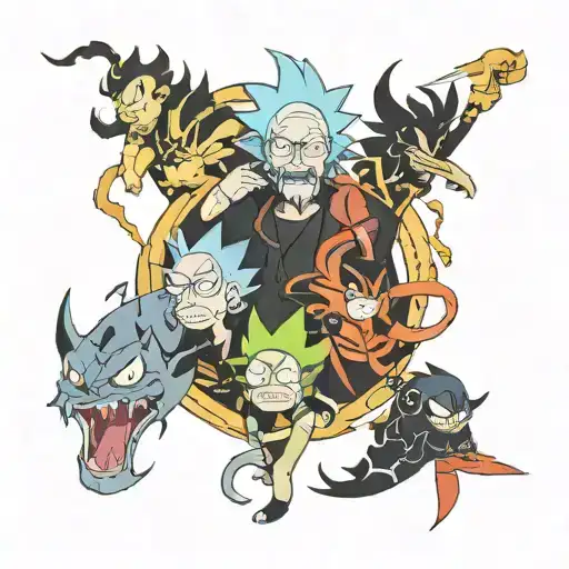 Circular tattoo on the shin of characters: Rick and Morty, Venom, Itachi, Madara, Naruto and Sasuke, Luffy and Zorro. tattoo design idea