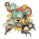 Circular tattoo on the shin of characters: Rick and Morty, Venom, Itachi, Madara, Naruto and Sasuke, Luffy and Zorro. tattoo design idea