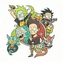Circular tattoo on the shin of characters: Rick and Morty, Venom, Itachi, Madara, Naruto and Sasuke, Luffy and Zorro. tattoo design idea