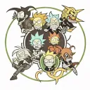Circular tattoo on the shin of characters: Rick and Morty, Venom, Itachi, Madara, Naruto and Sasuke, Luffy and Zorro. tattoo design idea