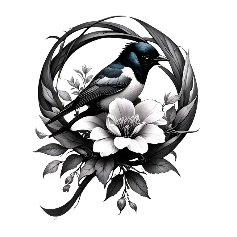 lycoris flower that wraps around the upper arm up to the shoulder with a magpie (the bird) integrated seamlessly into th tattoo design idea
