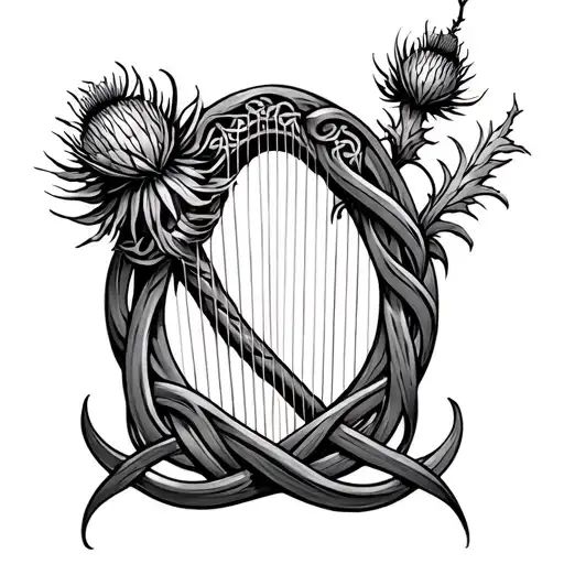 Scottish thistle with Irish Harp entwined in Celtic infinity knot  tattoo design idea