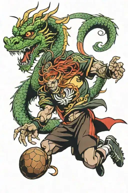 A football player scoring a goal with a Chinese dragon wrapped around the ball tattoo design idea