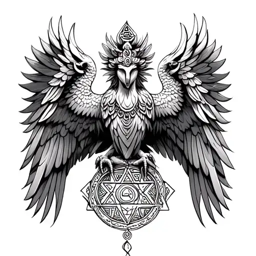 Garuda looking straight with Amrit Kalash dropping amrit on Shree Yantra tattoo design idea