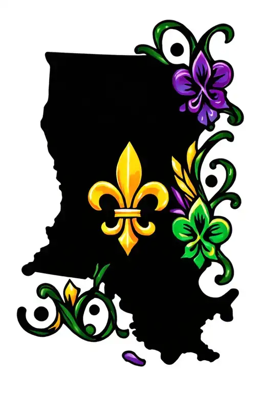 an outline of Louisiana with a fleur de lis inside in Mardi Gras colours tattoo design idea