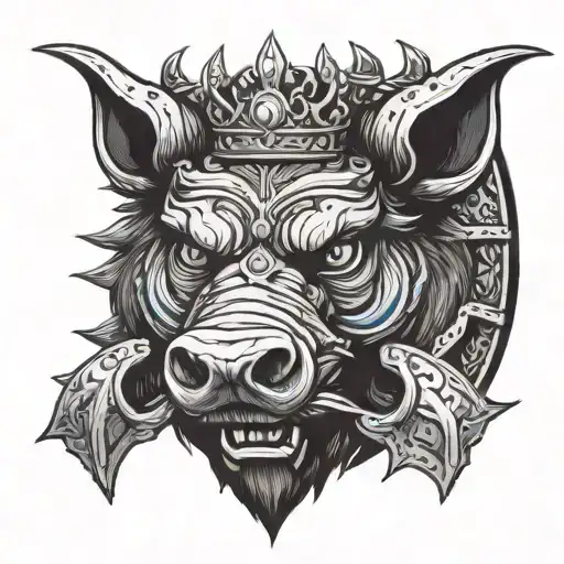 angry boar head wearing crown on a bed of armor with blue eyes and tusks showing looking straight tattoo design idea