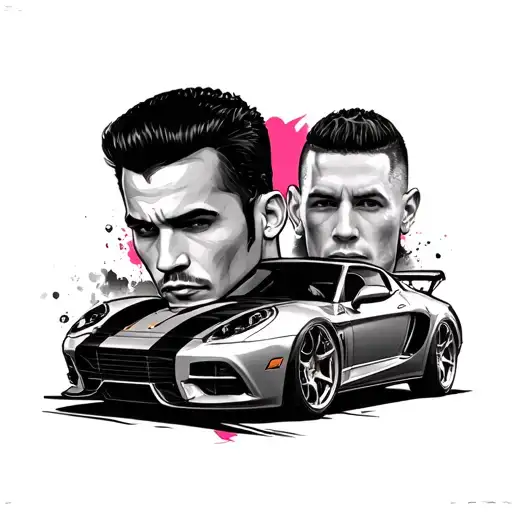 chester Bennington with Freddie Mercury and a sport car tattoo design idea