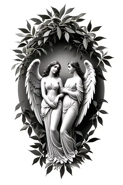 3-4 angels with olive tree leaves back ground tattoo design idea