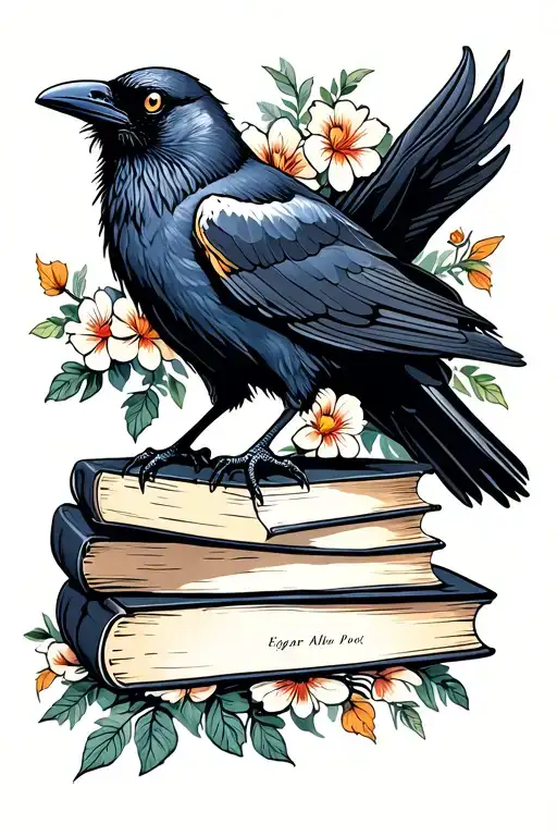 raven perched on books written by edgar allen poe with flowers surrounding the full image tattoo design idea