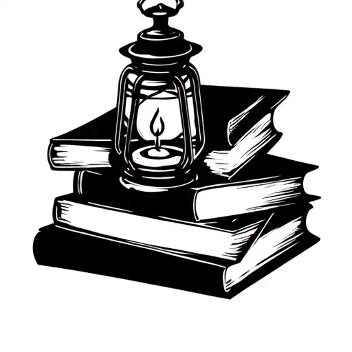 black and white line tattoo. Antique candle lantern on top of stack of books, candle inside lantern is lit and is emitti tattoo design idea