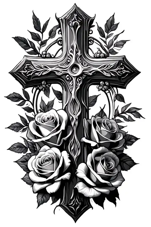 cross with dates and roses tattoo design idea