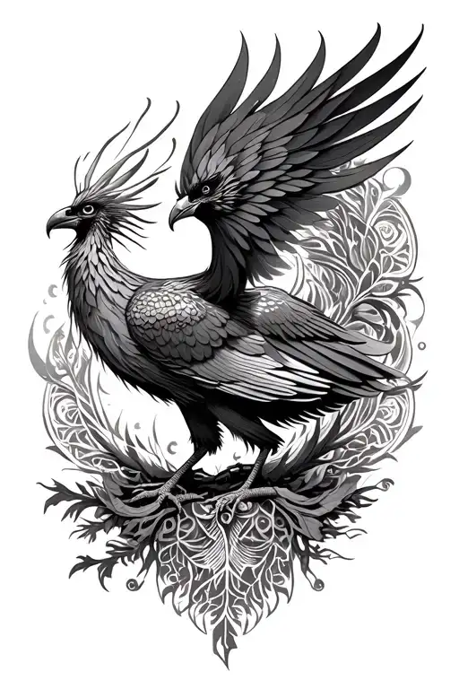 phoenix and mandala incorporating elements like trees tattoo design idea
