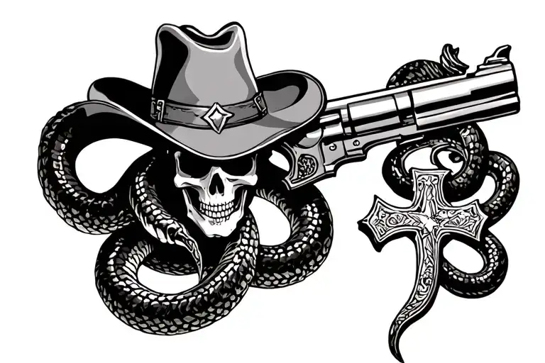 texas tattoo with rattle snake skeleton cowboy with a revolver and a cross and cowboy hat tattoo design idea