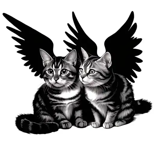 bcat wearing angel wings facing and sitting next to another cat without angel wings tattoo design idea