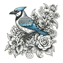 penny, blue jay, pelican, sea turtle, and bouquet of flowers  tattoo design idea