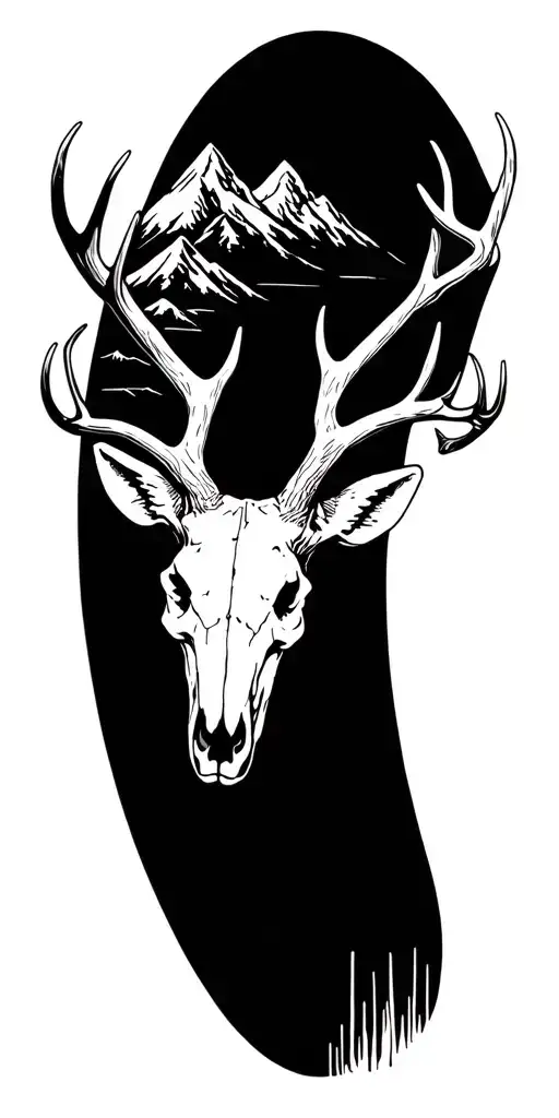 deer skull, trout, mountains tattoo design idea