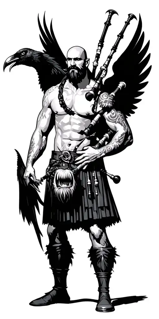 shirtless bagpiper with big black wings muscular playing the bagpipes bald with  black beard and a crow with claws  tattoo design idea